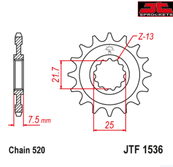 PION JT 1536 DE ACERO CON 16 DIENTES CON GOMA
